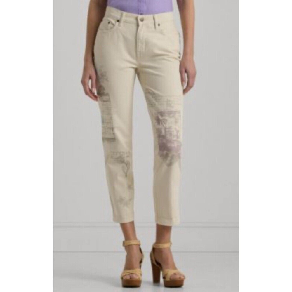 LAUREN RALPH LAUREN Print Relaxed Tapered Ankle Jean Cream Wash Size 8 NWT